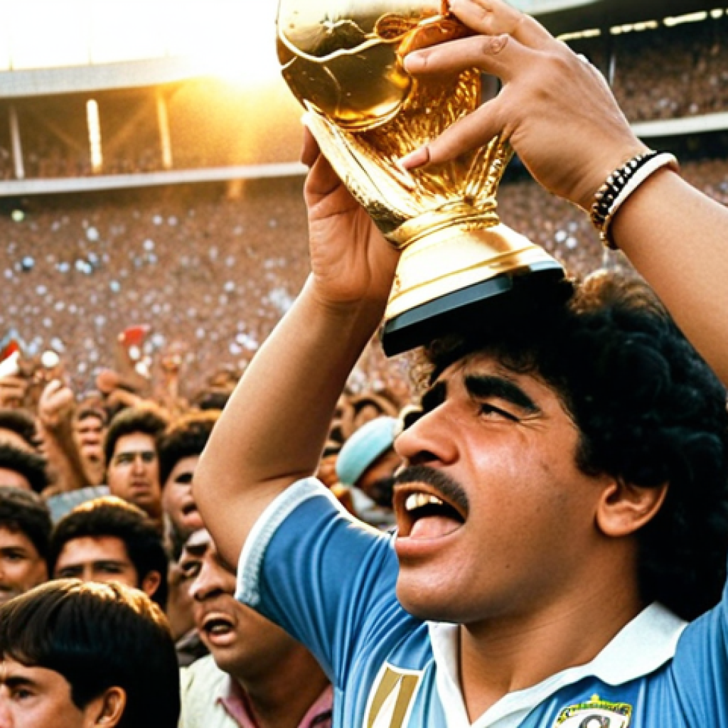 **A jubilant Diego Maradona, bathed in golden light, holding the 1986 World Cup trophy high above his head amidst a roaring crowd in Mexico City. The "Hand of God" in the background, subtly depicted as a divine intervention.**