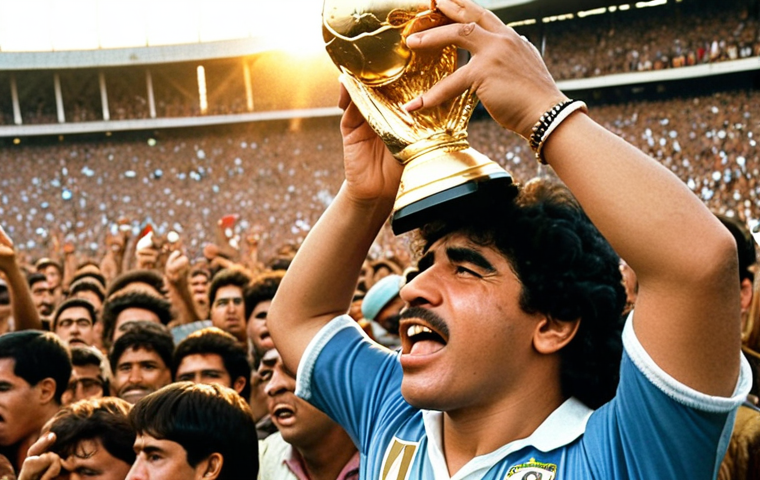 **A jubilant Diego Maradona, bathed in golden light, holding the 1986 World Cup trophy high above his head amidst a roaring crowd in Mexico City. The "Hand of God" in the background, subtly depicted as a divine intervention.**